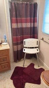 lot 1589 image: Shower Curtain with Horizontal Stripes and Bath Mat Set and Shower Chair