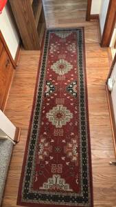 lot 1590 image: Oriental Hallway Runner Rug Red Black Cream Geometric Pattern 7 ft 10 in
