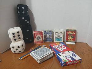 lot 1610 image: Games and Playing Cards Lot - Dice, Skip-Bo, Bicycle, Aviator, Casino Pro, Mickey Mouse