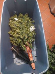 lot 1613 image: Artificial Christmas Tree with Lights and Stand , mini tree, tote with lid included