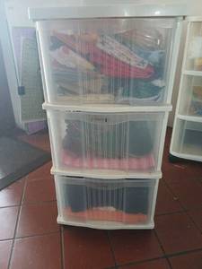 lot 1620 image: 3-Drawer Clear Plastic Storage Unit on wheels, with Fabric and Textiles