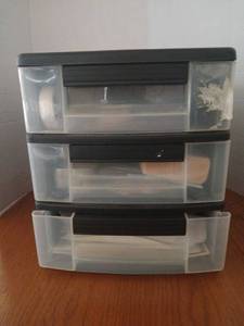 lot 1627 image: 3-Drawer Clear Storage Organizer with Black Top and Handles with miscellaneous crafting