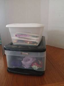 lot 1628 image: Sewing patterns  and lace in Storage Containers