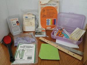 lot 1632 image: Sewing & Crafting Supplies Tracing Paper, Marking Tags,Mending Fabric, elastic,  velcro, plastic sealing  bags