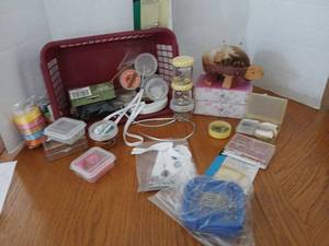 lot 1634 image: Sewing Supplies Lot Thread Pins Needles Elastic Pincushion Storage Tray fabric