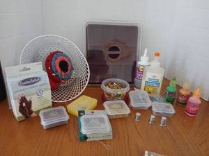 lot 1648 image: Craft Supply Lot with Fan, Gloves, Adhesives, Storage Containers and Accessories