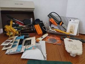 lot 1660 image: Sears Kenmore Sewing Accessories Lot with Case and Supplies. Miscellaneous  scissors and holder. Hot glue gun mat