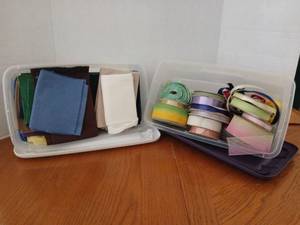 lot 1662 image: Sewing & Craft Supplies Lot Fabric Swatches, Ribbons, Lace Trim in Storage Containers