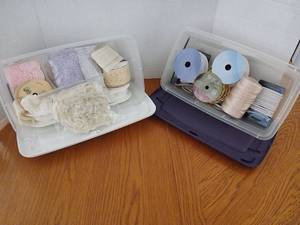 lot 1663 image: Sewing and Craft Supply Lot Fabric, Scissors, yarn, Lace