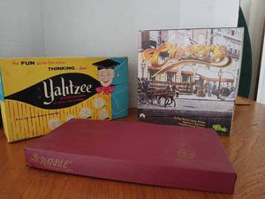 lot 1694 image: Vintage Board Games Lot Yahtzee, Scrabble, Cheers