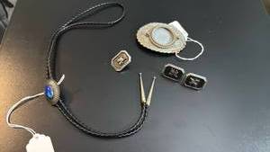 lot 1809 image: Bolo tie, belt buckle, tie clip and cuff links