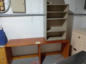 lot 3002 image: Shelf and Table.   Used in basement.   Table 26 x 64 x 19.  Shelf 42.5 x 23 x 12     Located in basement