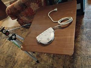 lot 3009 image: Small Table with Tripod and Surge Protector.   Located in basement   Table 20 x 29 x 23