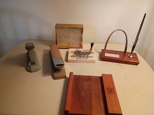 lot 3014 image: Desk Top Items and State Farm Insurance Memorabilia.  Located in basement