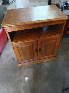 lot 4102 image: Wood TV Stand with Open Shelf and Cabinet Storage top turntable on wheels 31x28x17