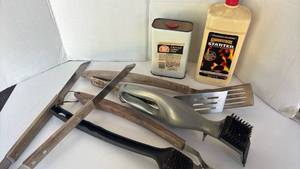 lot 4313 image: Grill Tool Set 5-Piece with Charcoal Lighter Fluid and Charcoal Starter