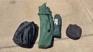 lot 4343 image: Outdoor Camping Gear Lot with Air mattress, Table, Large Folding Chair and Insulated Storage Bag for Food