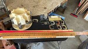 lot 4509 image: Spice Rack Carousel Organizer with Contents in Glass Jars and Lids, Clamps and Rulers