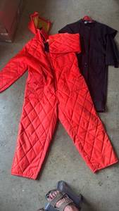 lot 4523 image: Sydney Oilskin Clothing Co Quilted Oilskin Jacket  Size XS and Orange Insulated Suit 6 ft tall pants