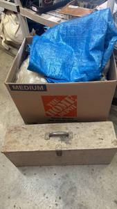 lot 4524 image: Painted Wood Box with Lid, Chain Stay, Metal Handle plus Box of Plastic Sheeting Tarps and Sheets