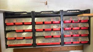 lot 4531 image: 3-Panel Wall-Mount Parts Storage Organizer with Red Bins and Clear Drawers and contents 18.5x14x7