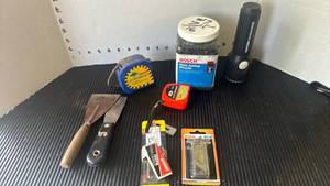 lot 4702 image: Hand Tools & Supplies Lot - Tape Measures, Chisels, Bosch Biscuits, Flashlight