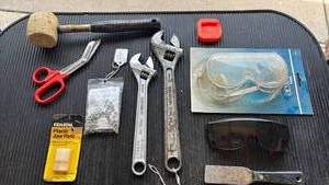 lot 4728 image: Adjustable Wrenches, Scissors, Mallet, Safety Goggles, Hardware