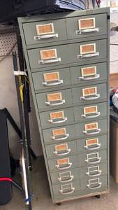 lot 4817 image: Metal Card File Cabinet 10 Drawer Gray Steel 56x19x29