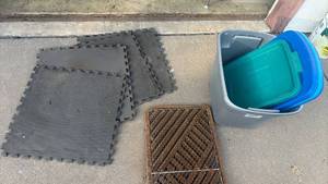 lot 4823 image: Interlocking Floor Tiles, Plastic Storage Totes with Lids, Bristle Door Mat