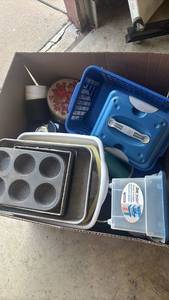 lot 4824 image: Mixed Household Lot Bakeware Bins Containers Storage Tins Baskets. Good for sorting and storing items in garage.