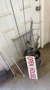 lot 4826 image: Mixed Metal Lot Wire Racks Rods Sign Stakes Open House Sign in Bucket