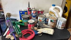 lot 4905 image: Lot of Wood Finish Supplies - Lacquer, Stain, Varnish, Adhesive, Tools