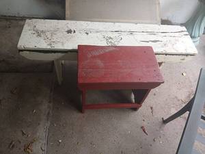 lot 5007 image: Two Wood Benches Red ( 18x20x12) and White  (17x18x12)Painted