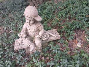 lot 5029 image: Garden Statue Boy on Bench with Metal garden stake, and chime.&nbsp