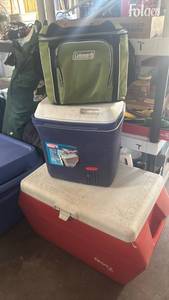 lot 4200 image: Coleman Cooler Lot with Insulated Bag and Accessories for lanterns.