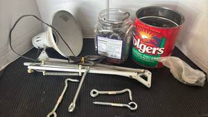 lot 4206 image: Lamp, Spring Pulley Cable Bracket, Eye Bolts and more