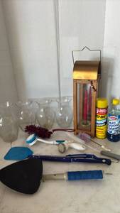 lot 4243 image: Candle Lantern, Glass Vases, Cleaning Brushes, and Cleaners Tools