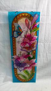 lot 86 image: Stained Glass Style Wall Art Panel Butterflies Flowers Turquoise Blue