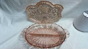 lot 88 image: Pink Depression Glass Divided Serving Dish with Handles and Serving Dish