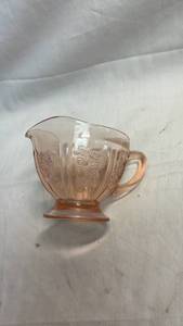 lot 104 image: Pink Depression Glass Cream Pitcher with Rose Floral Relief Pattern