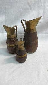 lot 111 image: 3-Piece Brass and Wood Decorative Miniature Pitcher Set