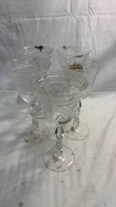lot 123 image: Set of 5 Footed Cocktail Glasses with Etched Leaf Design