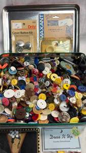 lot 130 image: Bulk Button Collection with Vintage Sewing Accessories - Assorted Sizes Colors Styles