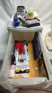 lot 138 image: Mixed Office & Craft Supply Lot - Label Maker Ink Pad Art Brushes Scissors Tape Flags