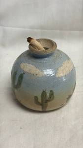 lot 143 image: Ceramic Vessel with Cactus Decoration and Wick