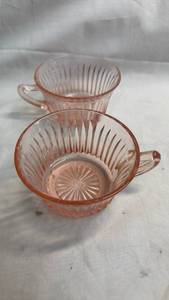 lot 144 image: Pink Depression Glass Teacups with Handle 2-Piece Set Ribbed Pattern