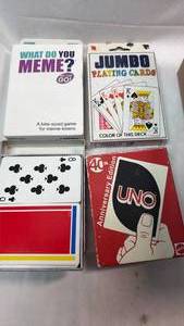 lot 182 image: Lot of 7 Playing Card Decks & Chess - UNO Bicycle What You MEME Jumbo Standard