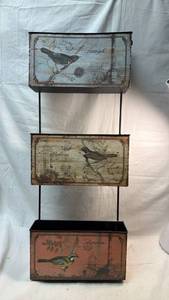lot 235 image: 3-Tier Metal Bin Shelf with Decorative Bird and Postcard Print Boxes.