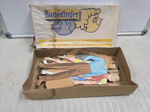 lot 177 image: Paper Doll Cut-Out Set with Clothing Pieces in an old vintage Butterfinger box