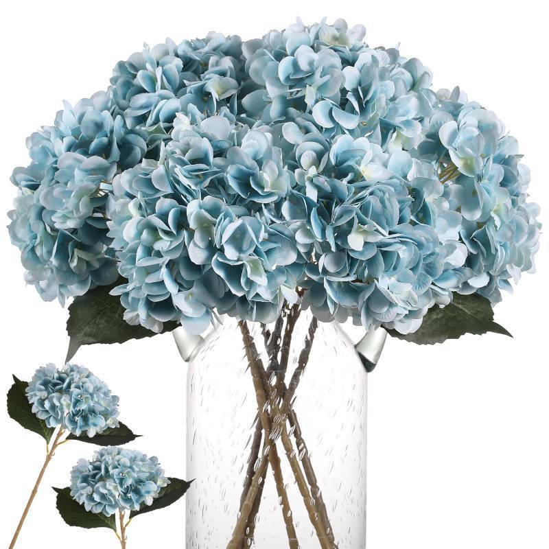 lot 13436 image: Kisflower Blue Hydrangea Artificial Flowers 6pcs Faux Hydrangea Flowers, Fake Flowers for Table Centerpiece, Blue Silk Hydrangea Flowers with Stems for Home Wedding Party Decor - Retail $18